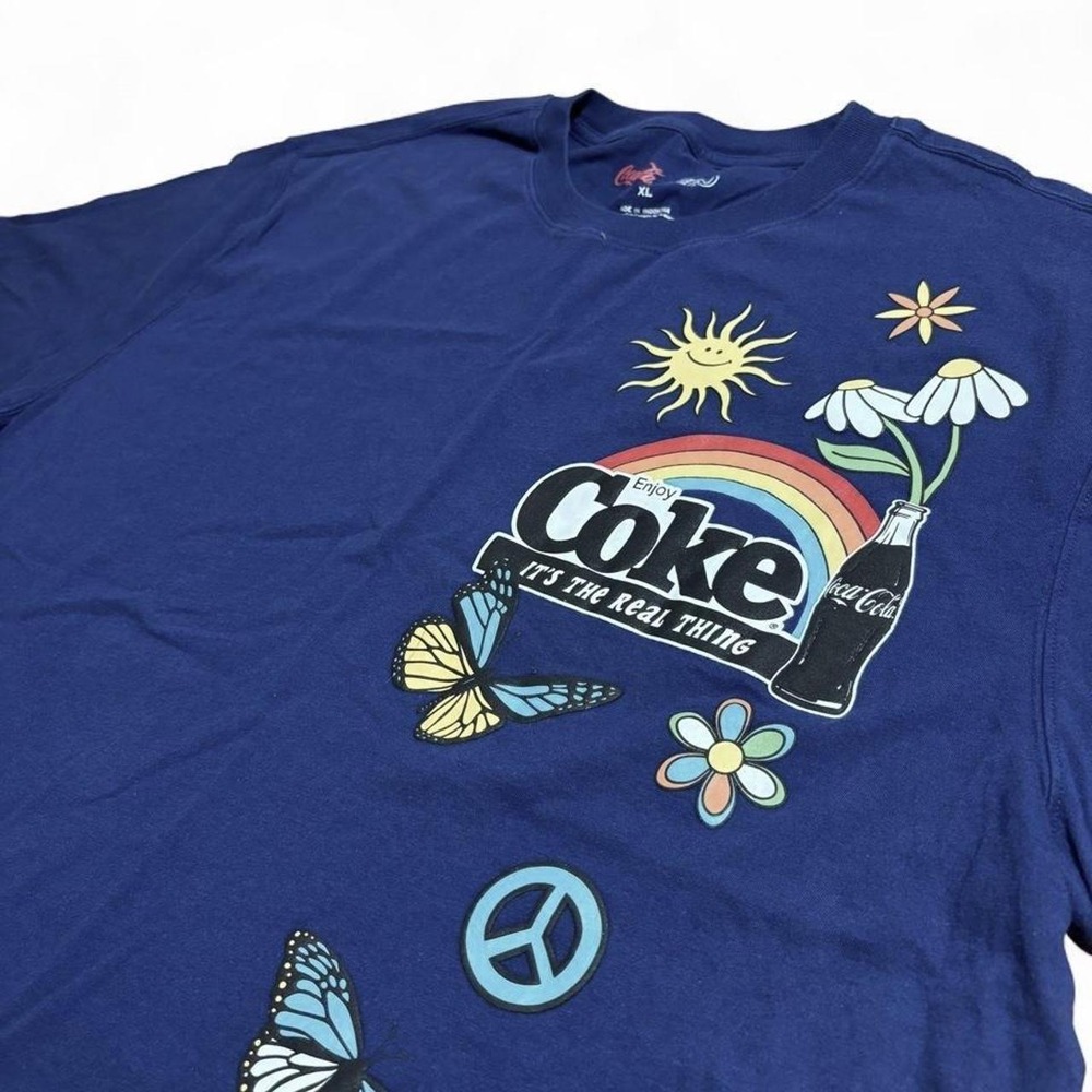 Coca-Cola Rainbow Butterfly Graphic T-Shirt Blue Mens XL Retro Streetwear